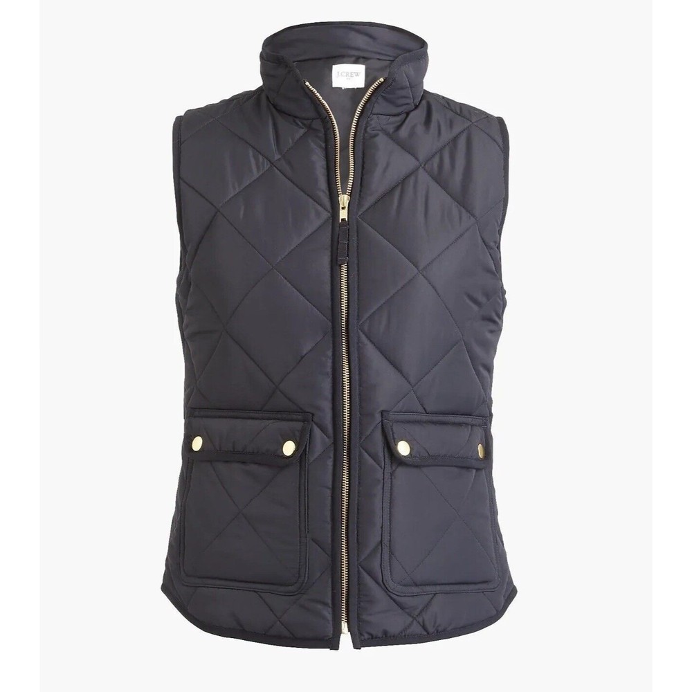 J.Crew XXS Quilted Down Puffer Vest Black Full Zip Mock Neck Lined Pockets
